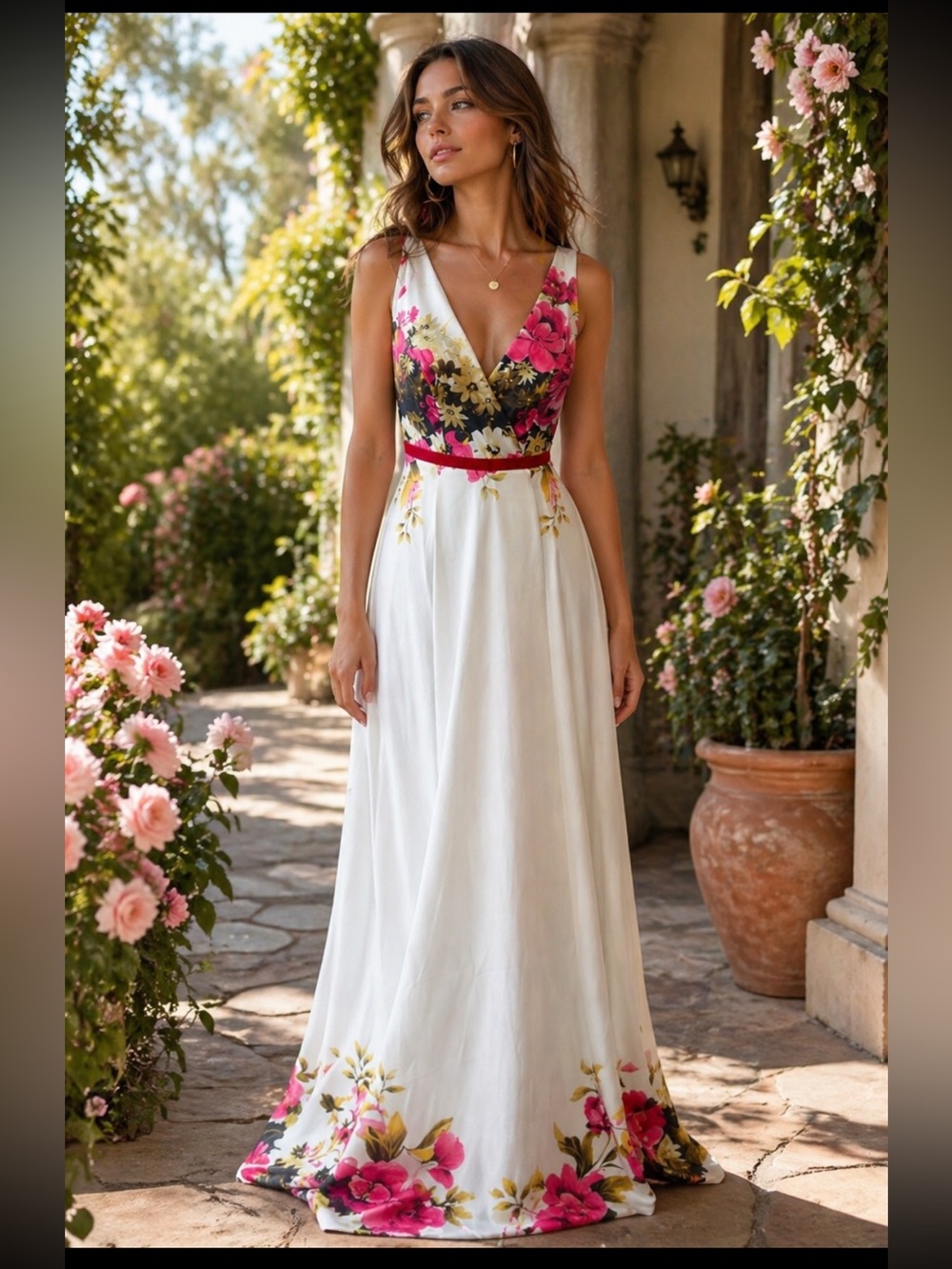 Tehfi White Floral Maxi Dress Pink Roses Fairycore Boho Empire Waist Romantic